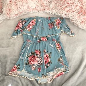 Baby blue, floral romper.